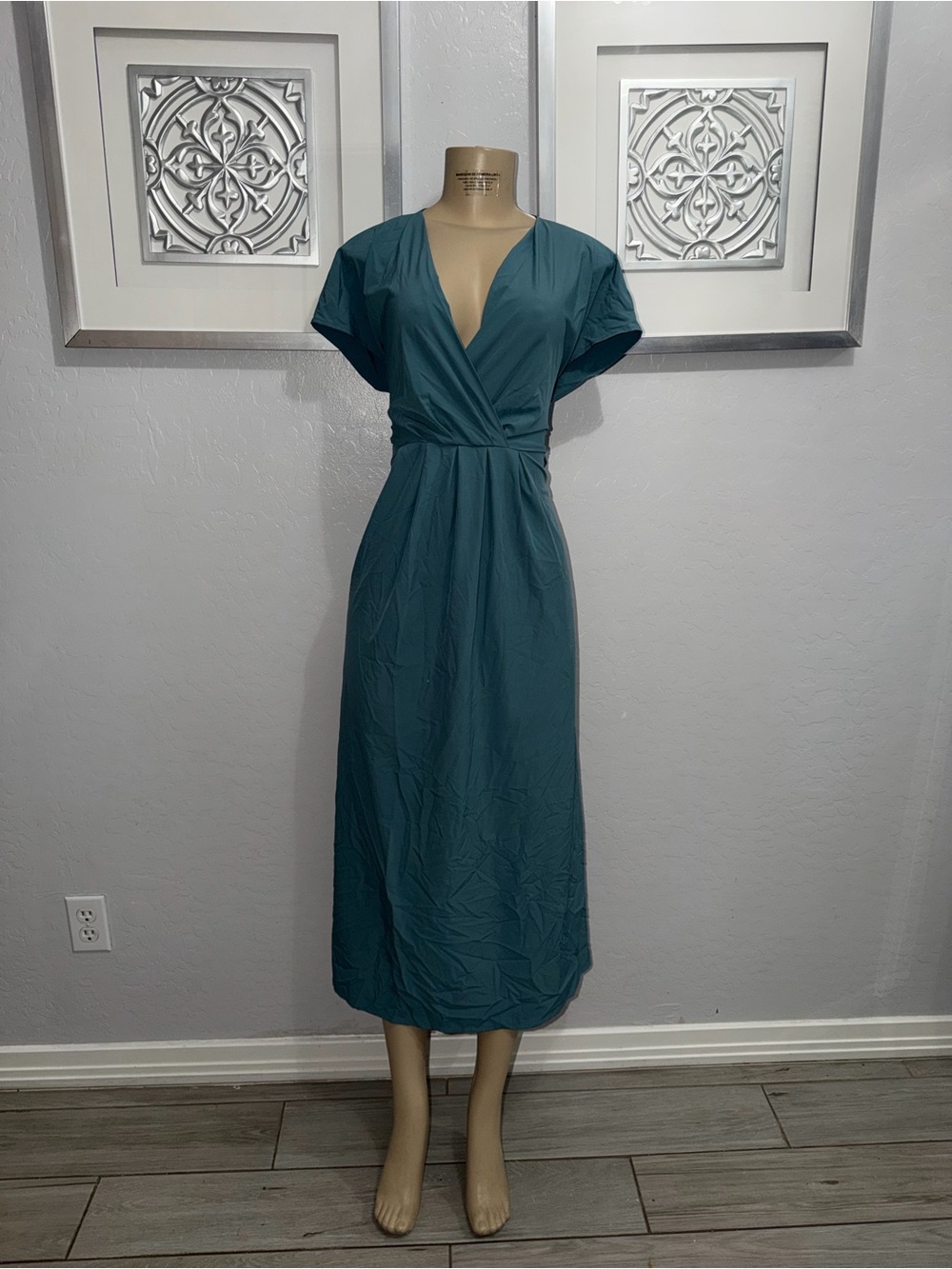 HALARA Teal Wrap V-Neck Midi Dress